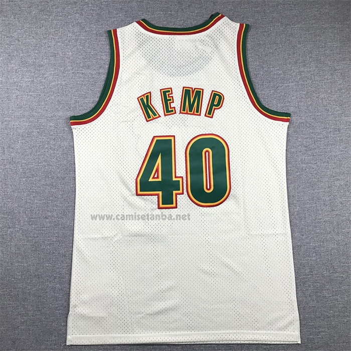 Camiseta Seattle SuperSonics Shawn Kemp NO 40 Mitchell & Ness Chainstitch Crema